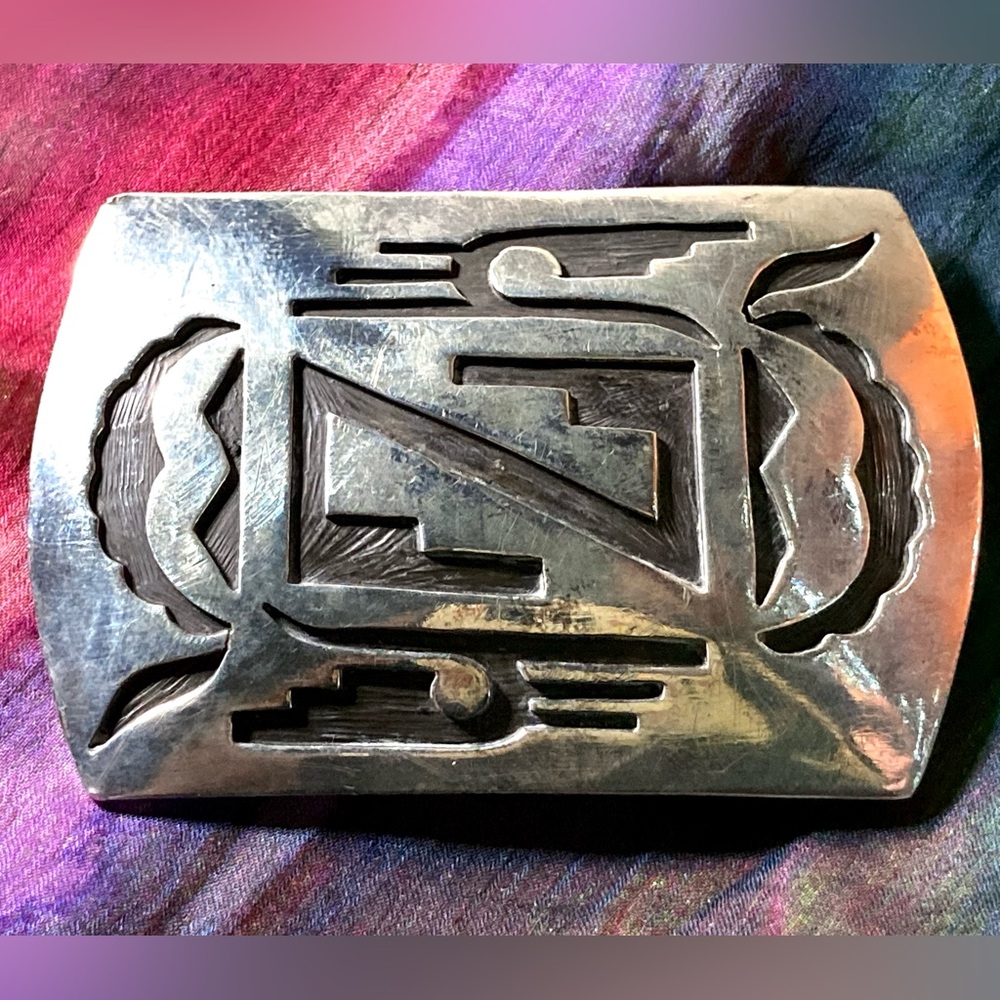 Navajo Hopi Belt Buckle .925 SOLID Sterling Silver Handmade Overlay Circa 1980's